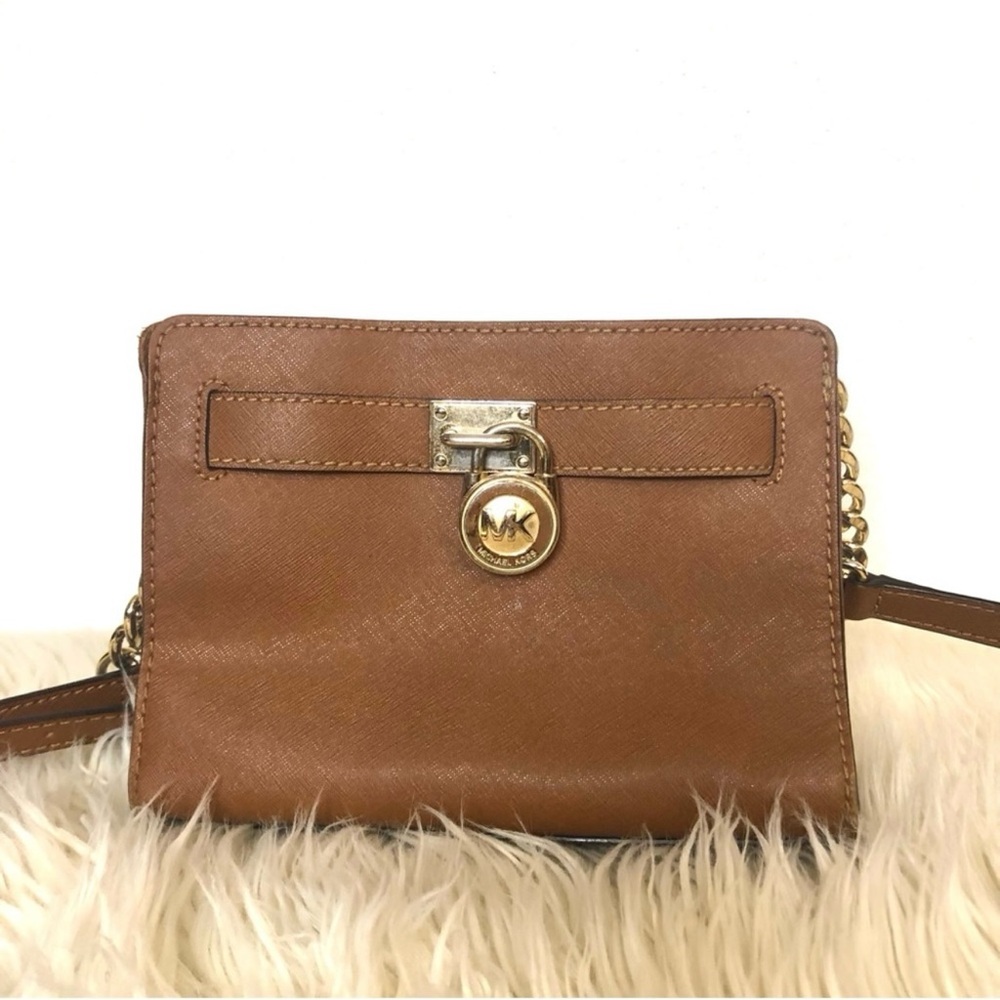 Michael Kors Hamilton Traveler Messenger Tan Brown Leather Crossbody Bag
